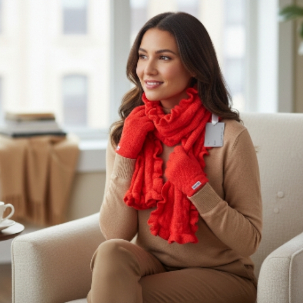 Red Ruffle Scarf & Gloves Set | Cozy Winter Accessories | NWT